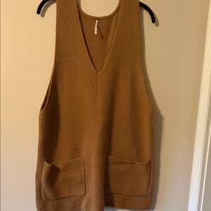 Free People Camel Sleeveless V-Neck Pocket Sweater Vest